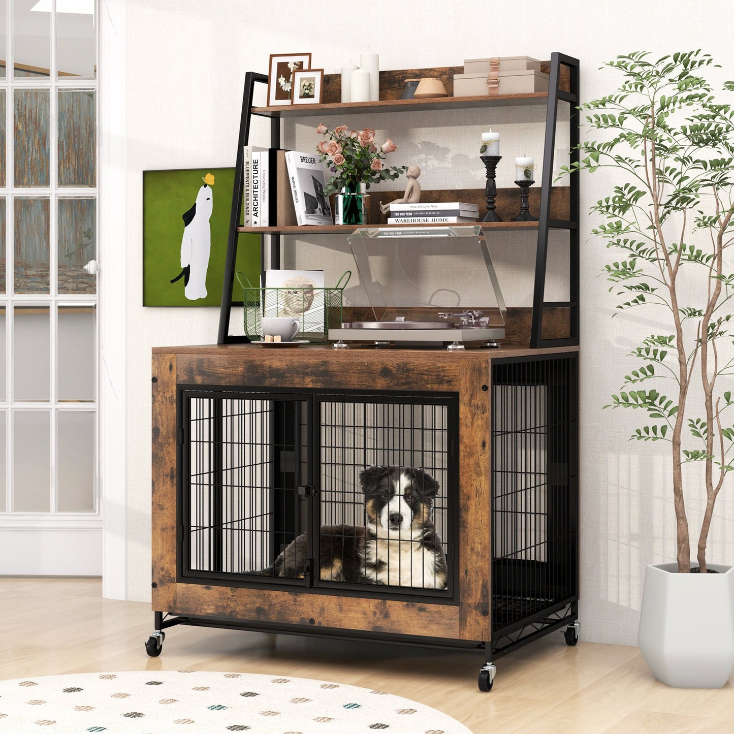 Industrial Dog Kennel Dog Crate Furniture with Storage Shelves-Rustic Brown